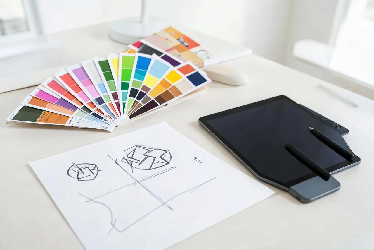 Mesa de estudio de diseño gráfico con paleta de colores y bocetos de logotipo