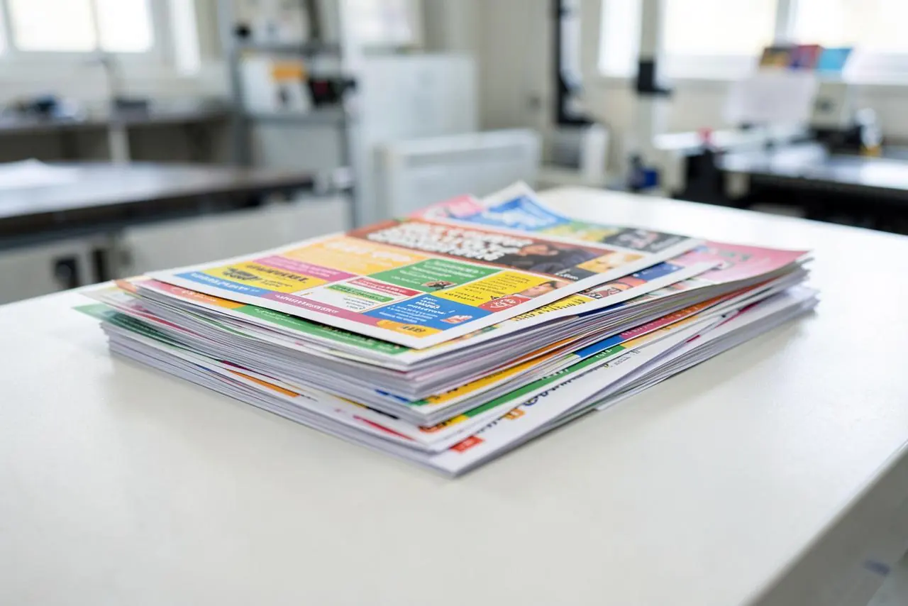 Pila de flyers y folletos publicitarios recién impresos