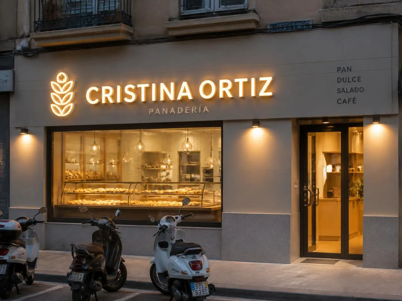 Fachada de comercio con rótulo iluminado y escaparate rotulado